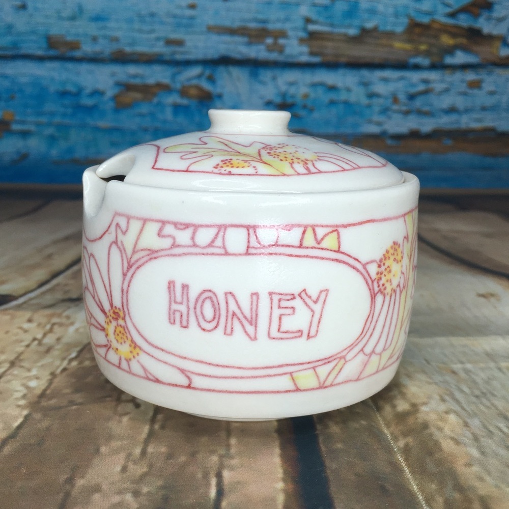 Handmade Ceramic Honey Pot with Flowers Echinacea Daisies Mad 2014 Bellingham WA